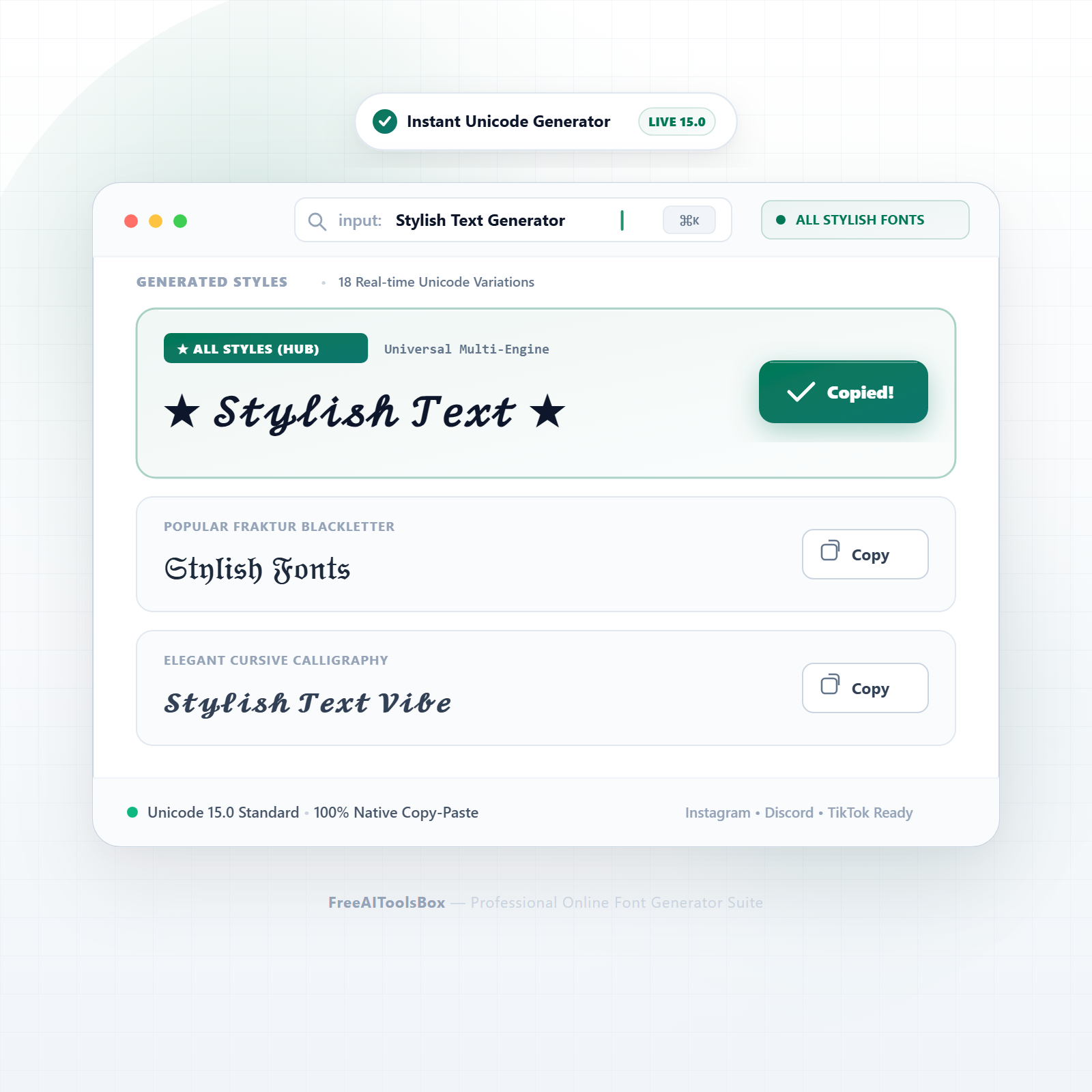 FreeAIToolsBox Stylish Fonts Generator comprehensive interface featuring real-time font conversion across 250+ Unicode styles