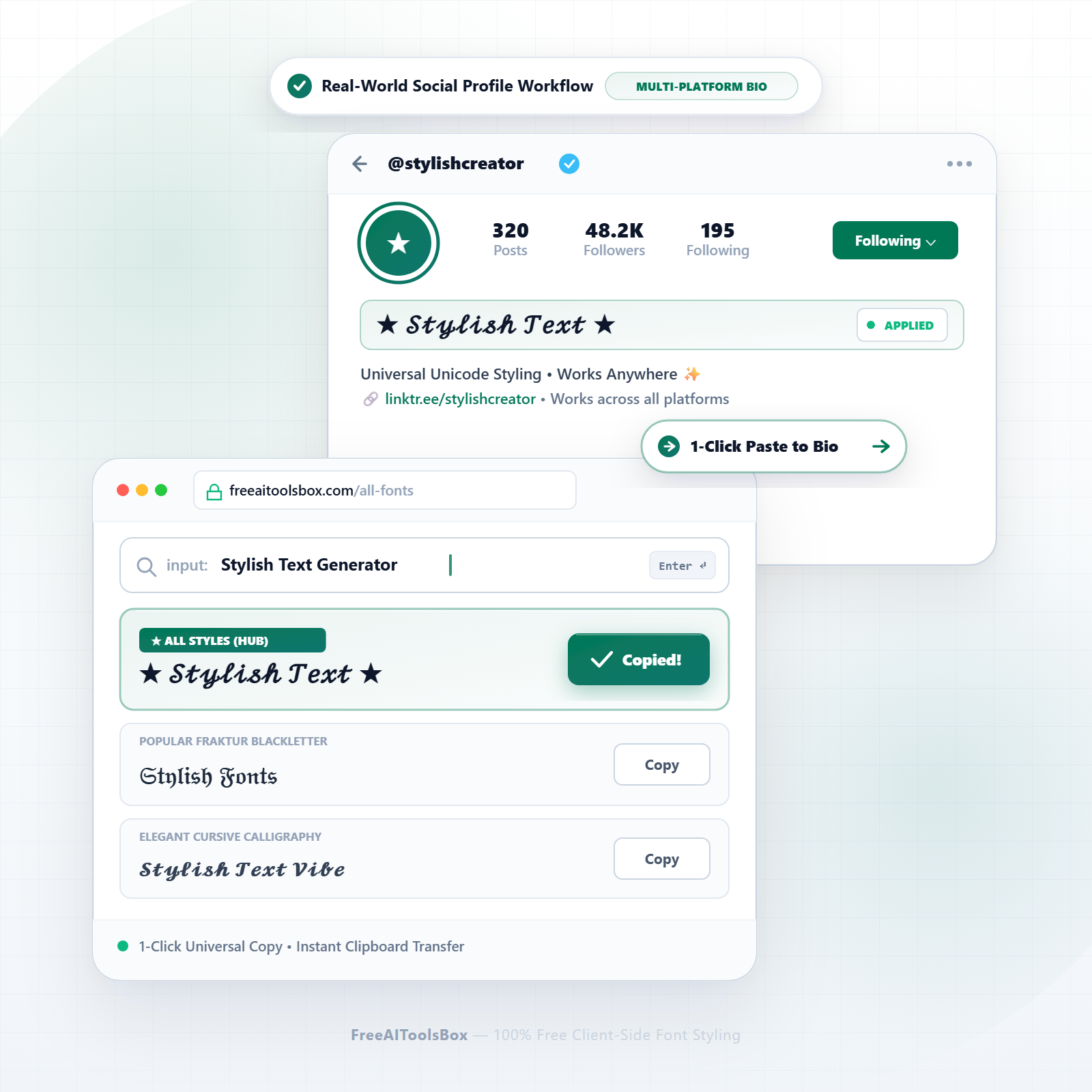Real-world social profile workflow illustrating 1-click copy and paste of stylish fonts across Instagram, TikTok, Discord, and WhatsApp