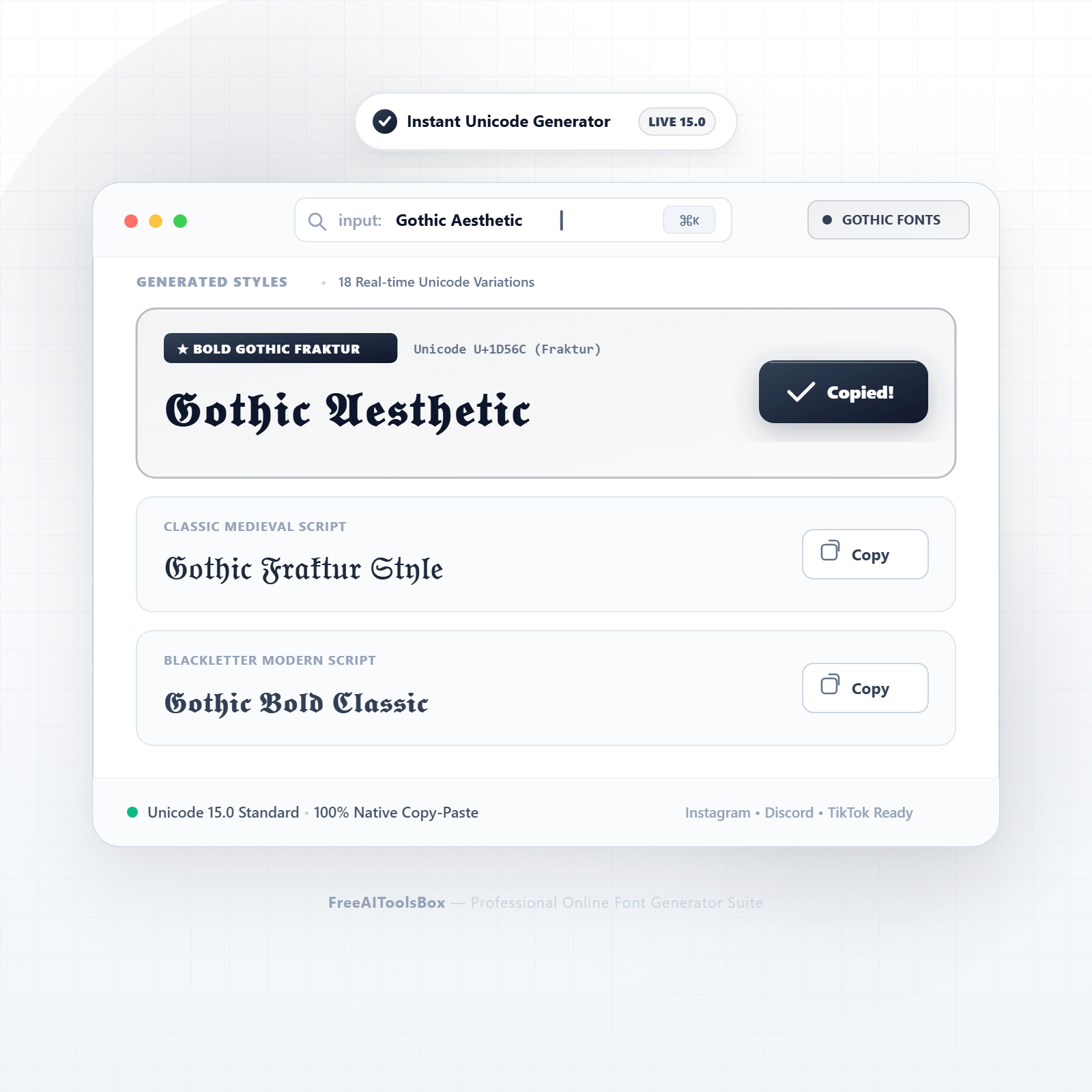 FreeAIToolsBox Gothic Font Generator interface showing real-time Fraktur and Blackletter text generation with instant 1-click copy