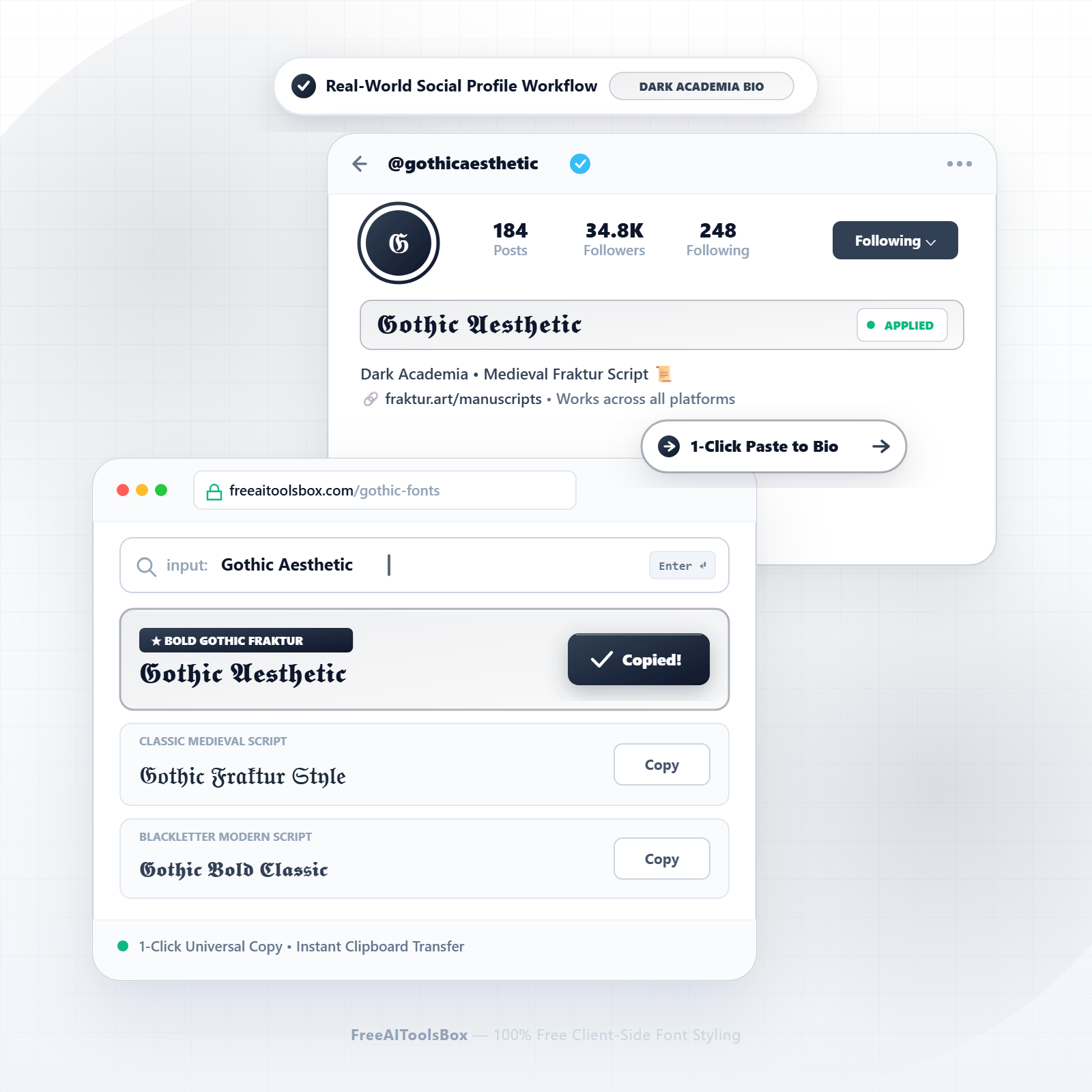 Real-world social profile workflow illustrating 1-click copy and paste of gothic text to Instagram and Discord bios