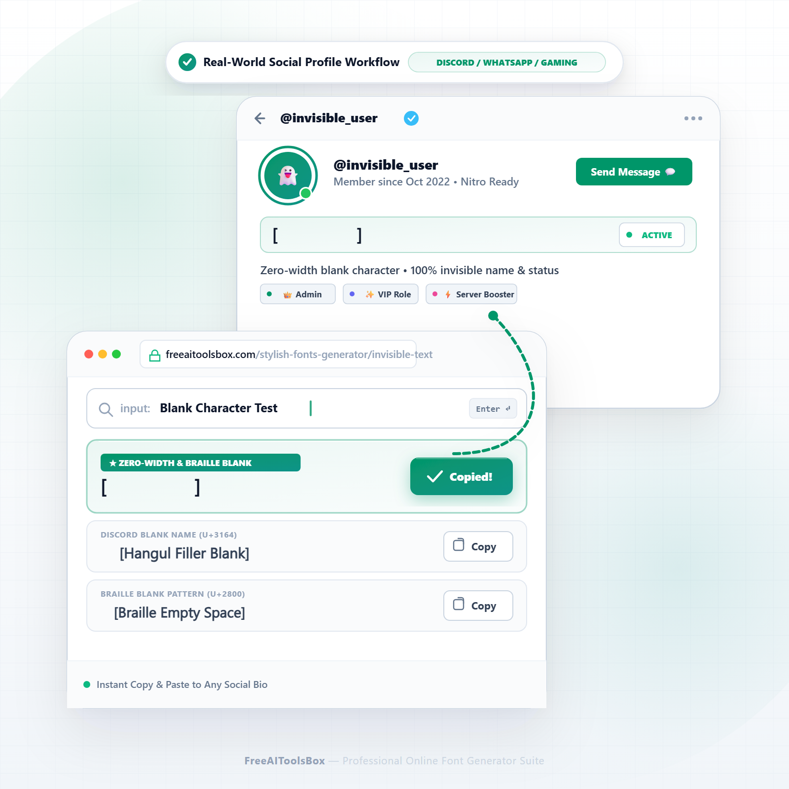 Real-world Discord and WhatsApp workflow illustrating invisible blank username and empty message bubble delivery