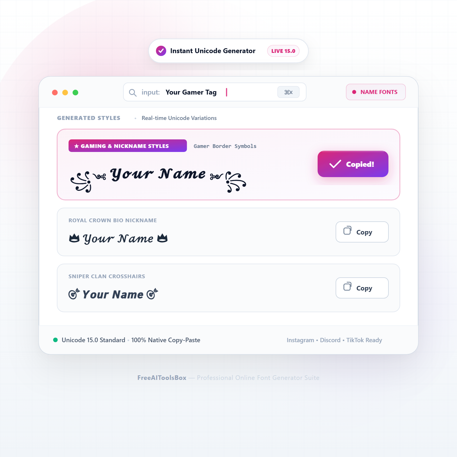 Font Style Name Generator – Stylish Nicknames & Profile Gamertags (Copy & Paste) 1 Font Style Name Generator Interface Features Nicknames and Gamertag Frames