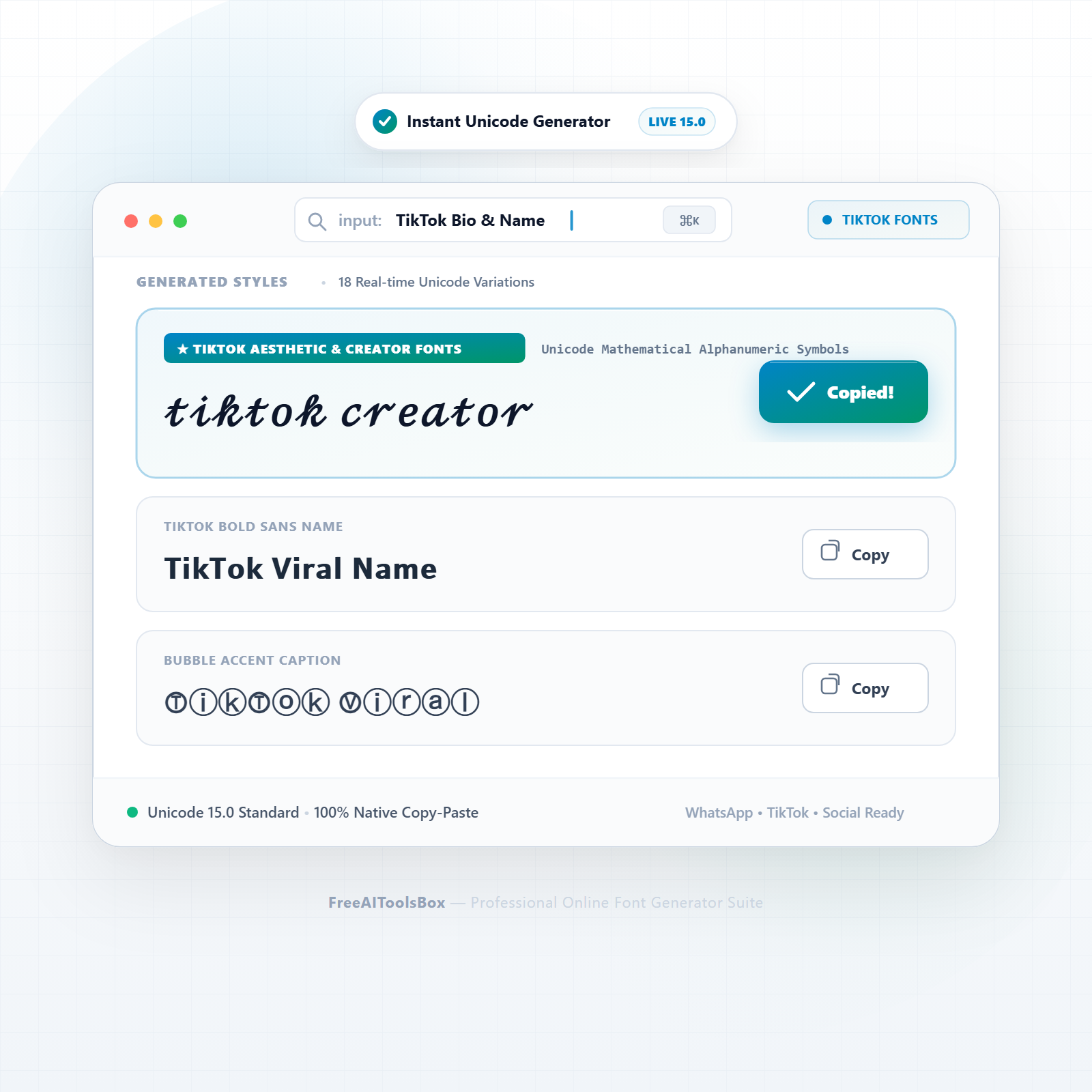 FreeAIToolsBox TikTok Font Generator interface showing real-time aesthetic username and bio text styling
