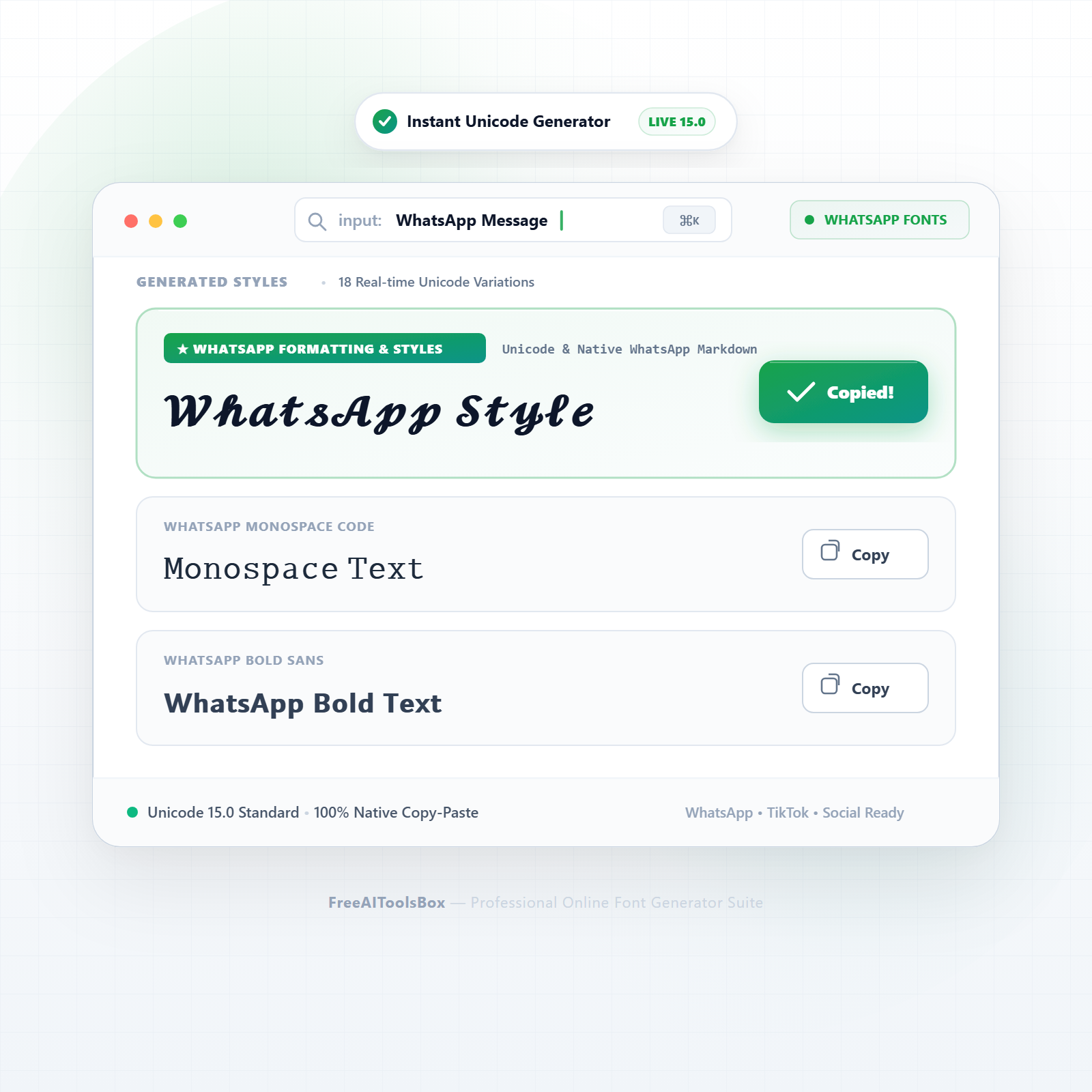 FreeAIToolsBox WhatsApp Font Generator interface showing real-time chat text styling and instant copy