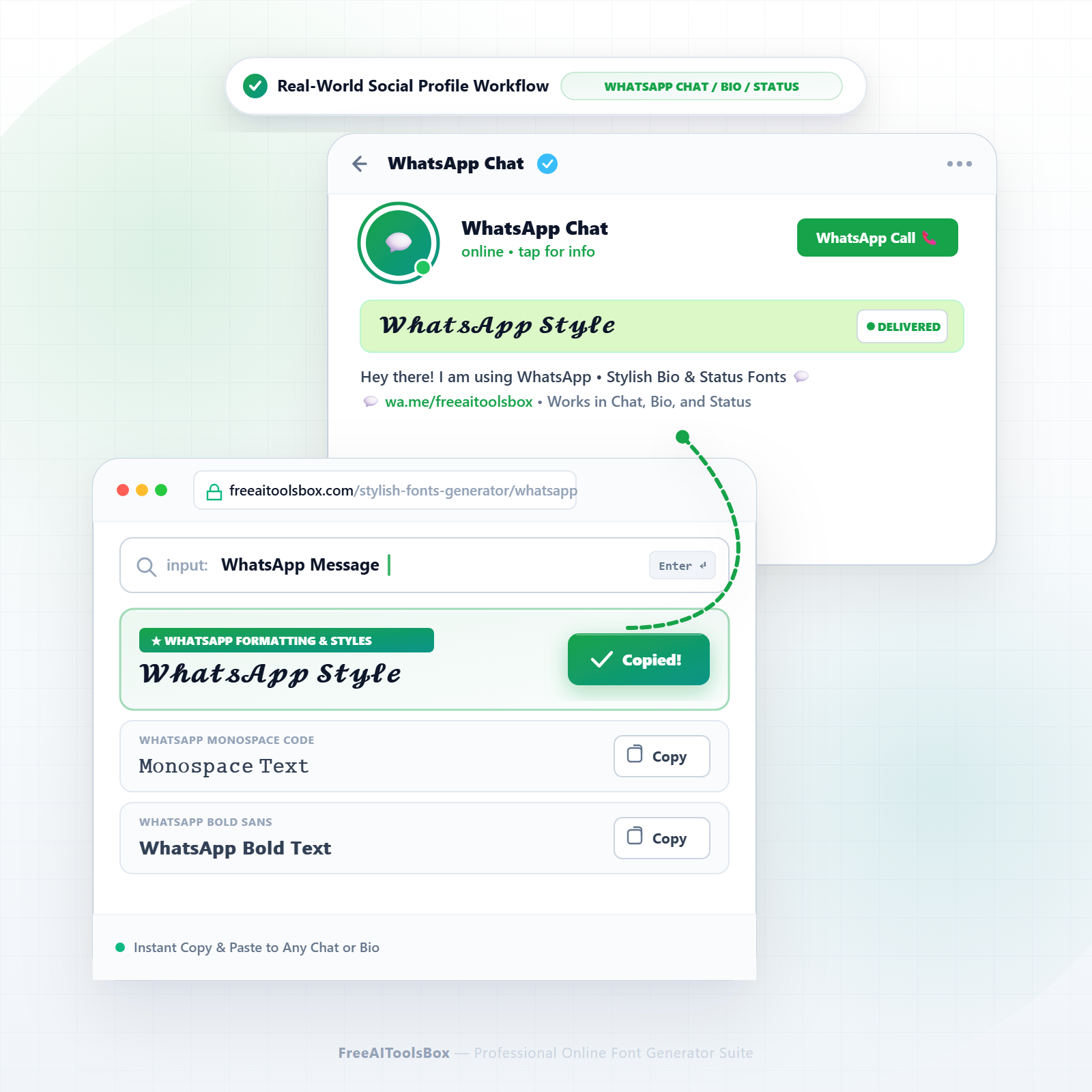 Real-world WhatsApp workflow showing 1-click copy and paste of stylish fonts into chats, status, and bio