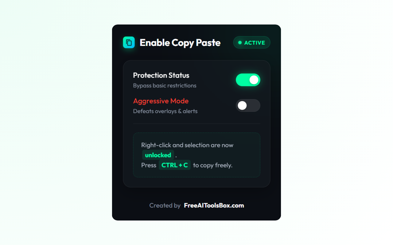 Enable Copy Paste Chrome extension screenshot showing the extension bypassing copy protection on a restricted website