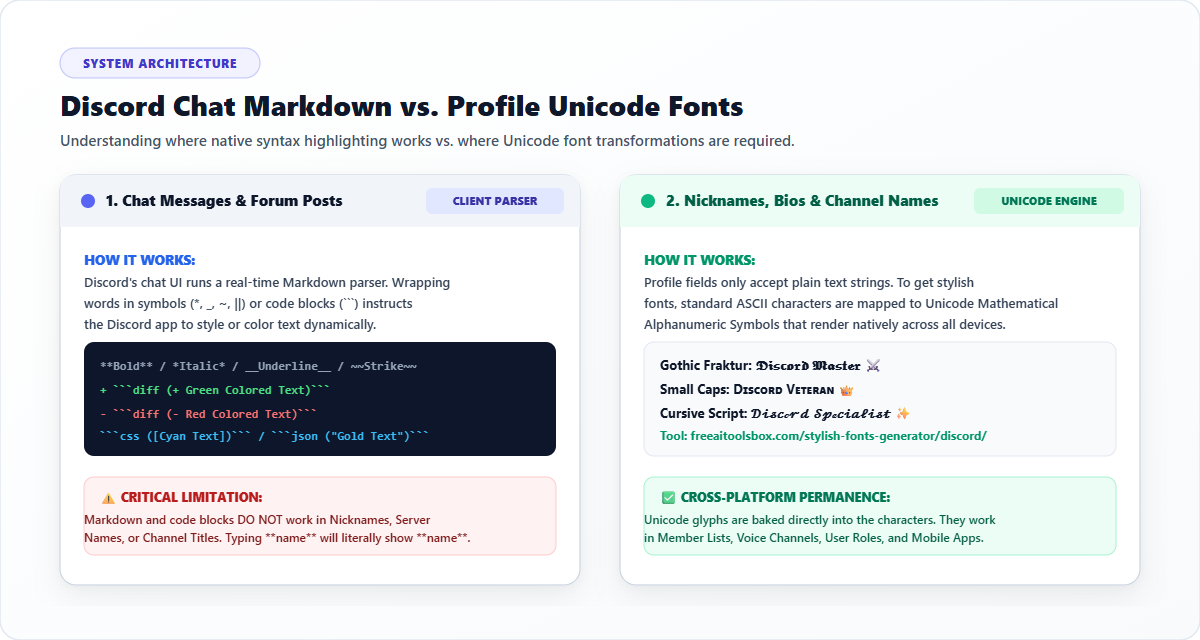 Discord Chat Markdown vs Profile Unicode Fonts Architecture Diagram